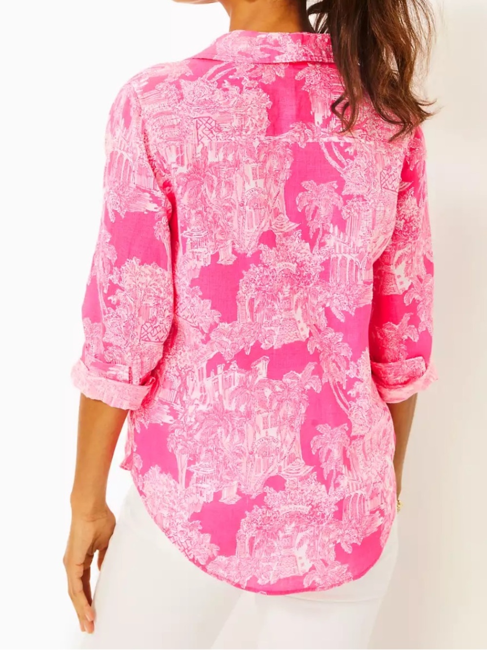 Lilly Pulitzer Sea View Linen Button Down Shirt Size XL in Roxie Pink - Picture 2 of 13